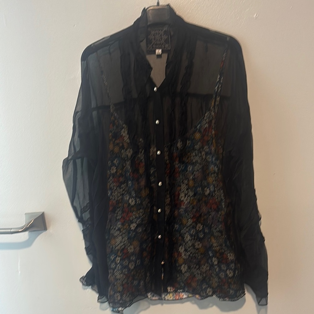 JOHNNY WAS SHEER BLACK BLOUSE